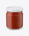 Glass Jar with Tomato Sauce Mockup - Front View (High Angle Shot)