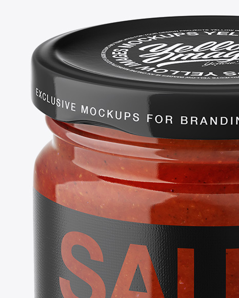 Glass Jar with Tomato Sauce Mockup - Front View (High Angle Shot)