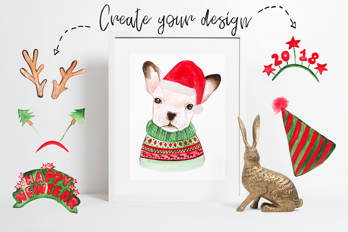 Christmas New Year Watercolor Dogs