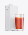 1L Carton Pack With Tomato Juice Glass Mockup - Halfside View