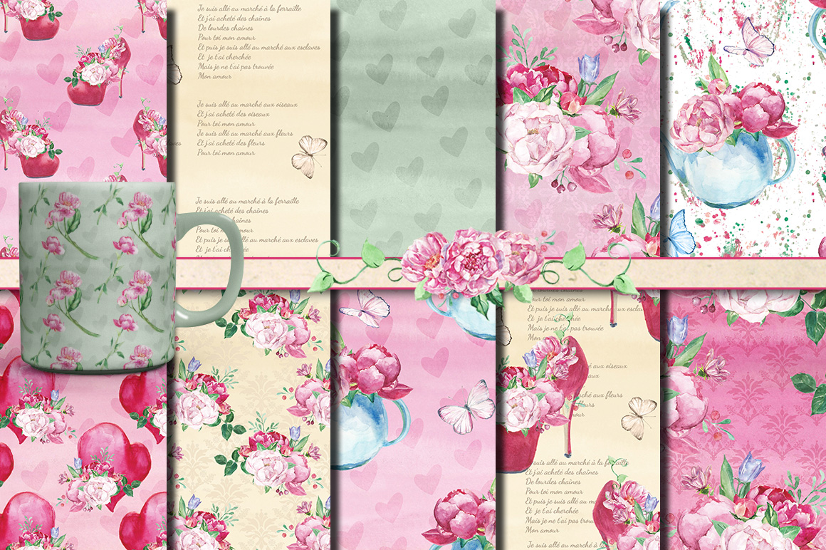 Romantic bouquet watercolor set