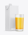 1L Carton Pack With Orange Juice Glass Mockup - Halfside View