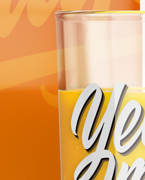 1L Carton Pack With Orange Juice Glass Mockup - Halfside View