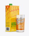 1L Carton Pack With Carrot Juice Glass Mockup - Halfside View