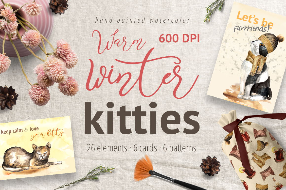 Warm Winter Kitties - watercolor clipart Warm Winter Kitties - watercolor clipart