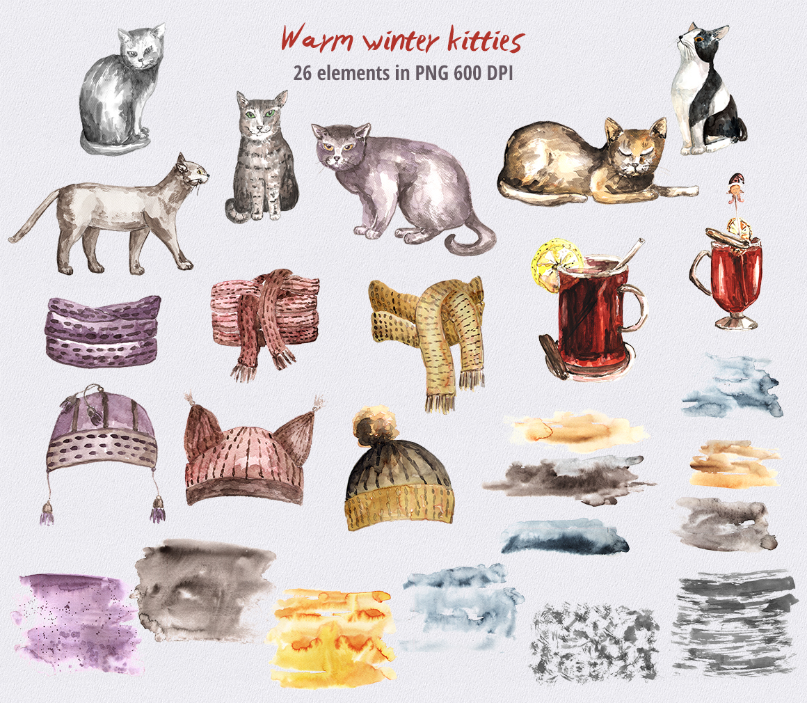 Warm Winter Kitties - watercolor clipart