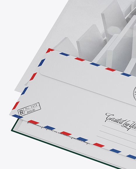 Kraft Folder with Papers and Envelope Mockup - Half Side View