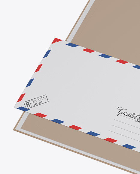 Kraft Folder with Papers and Envelope Mockup - Half Side View (High-Angle Shot)