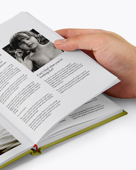 Opened Hardcover Book in a Hand Mockup - Half Side View