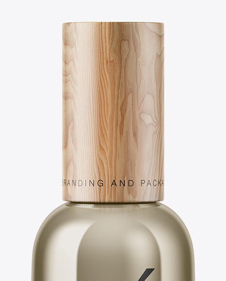 Metallic Cosmetic Bottle With Wooden Cap Mockup Metallic Cosmetic Bottle With Wooden Cap Mockup