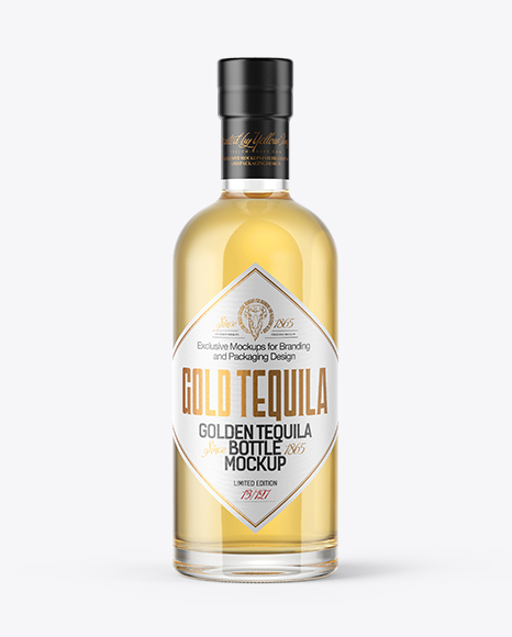 Golden Tequila Bottle with Wooden Cap Mockup