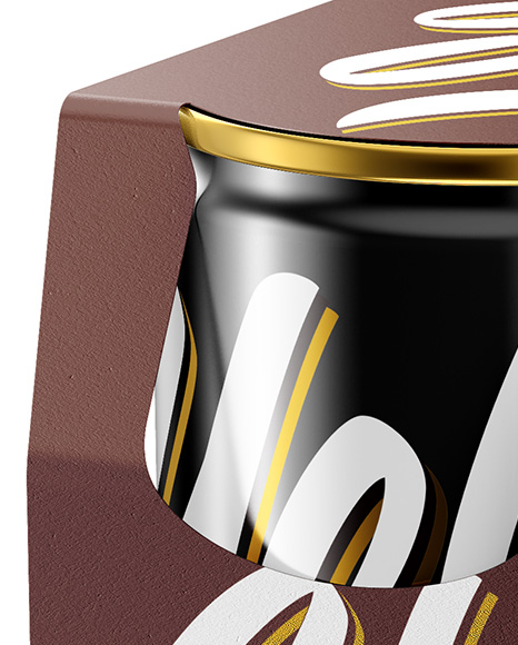 Carton Carrier W/ 4 Glossy Cans Mockup - Half Side View