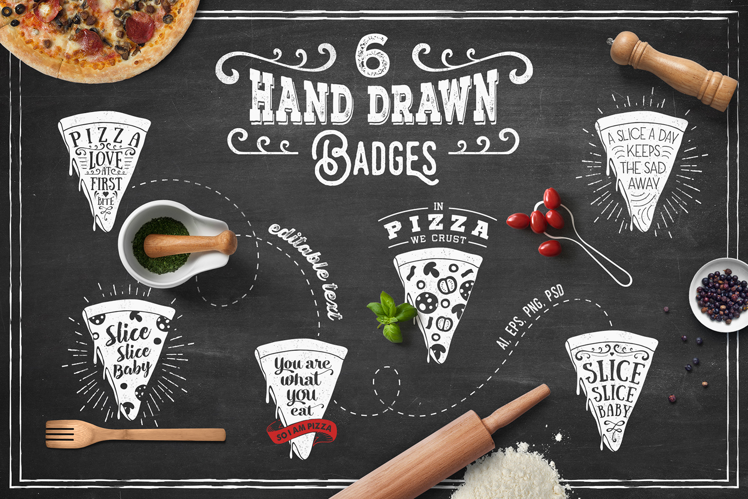 6 Hand Drawn Pizza Slice Badges 6 Hand Drawn Pizza Slice Badges
