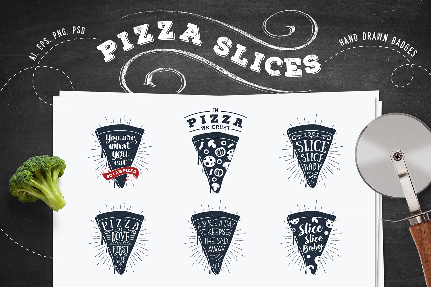 6 Hand Drawn Pizza Slice Badges