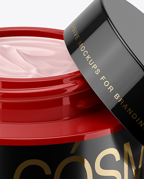 50ml Opened Glossy Cream Jar Mockup (High-Angle Shot)