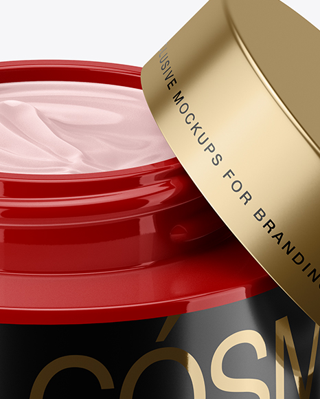 50ml Opened Glossy Cream Jar Mockup (High-Angle Shot)