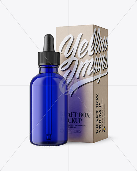 50ml Blue Glass Dropper Bottle W/ Kraft Box Mockup