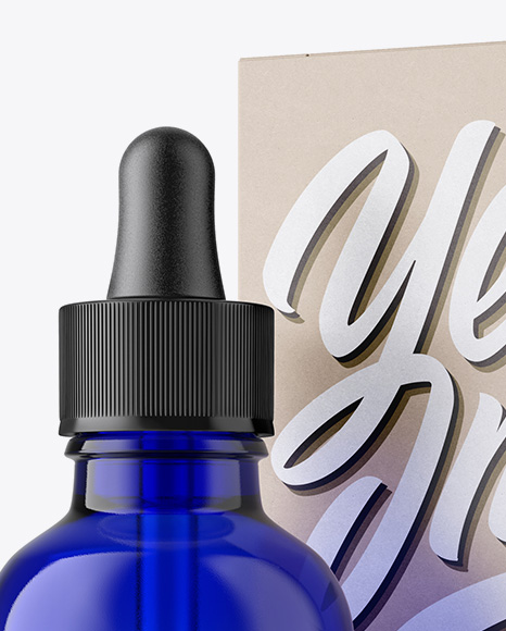 50ml Blue Glass Dropper Bottle W/ Kraft Box Mockup