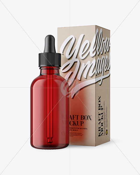 50ml Red Glass Dropper Bottle W/ Kraft Box Mockup