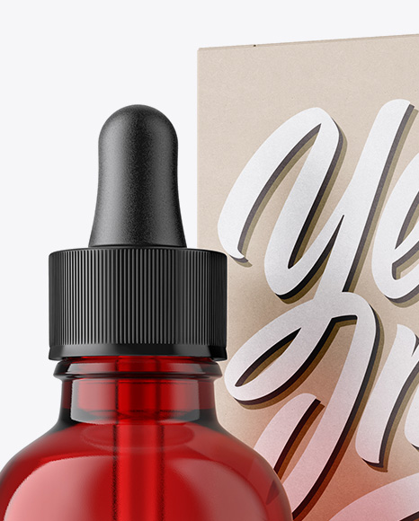 50ml Red Glass Dropper Bottle W/ Kraft Box Mockup