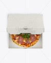 Pizza in Half-open Cardboard Box Mockup (High-Angle Shot)