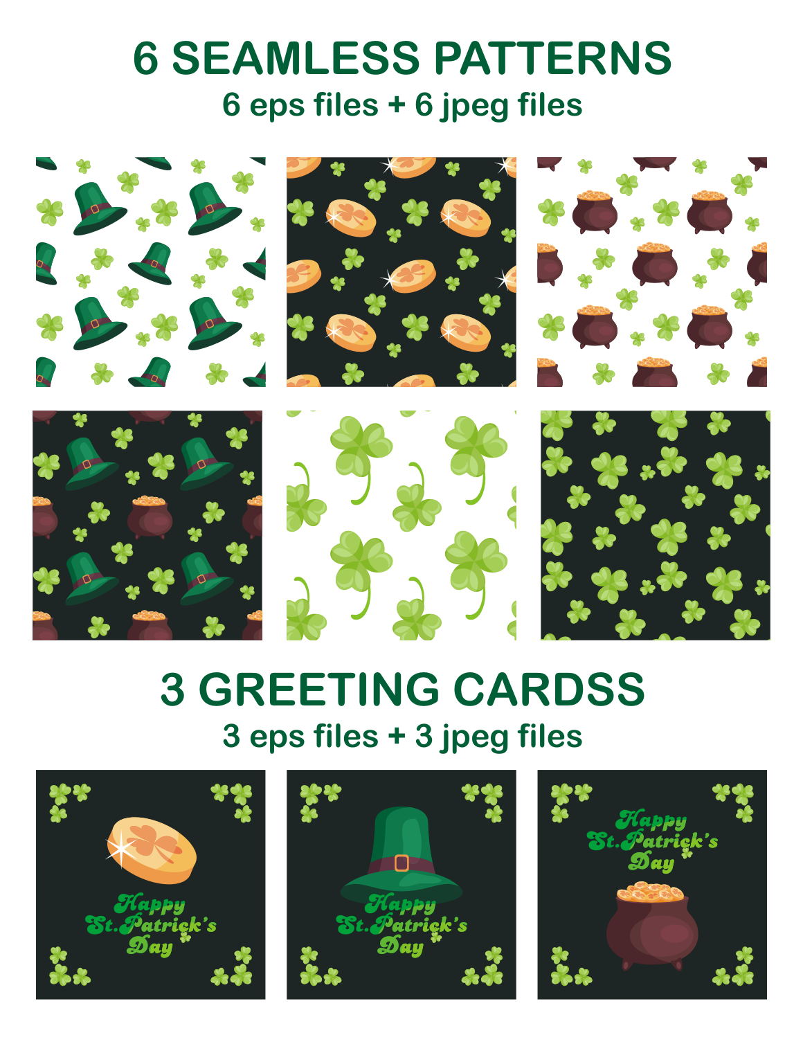 Happy st.Patricks Day. Vector clip arts and seamless patterns.