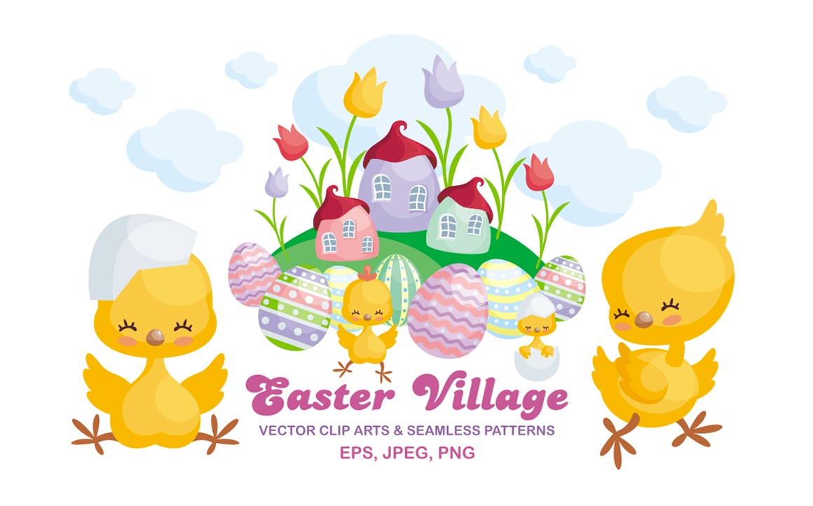 Easter village. Vector clip arts and seamless patterns.