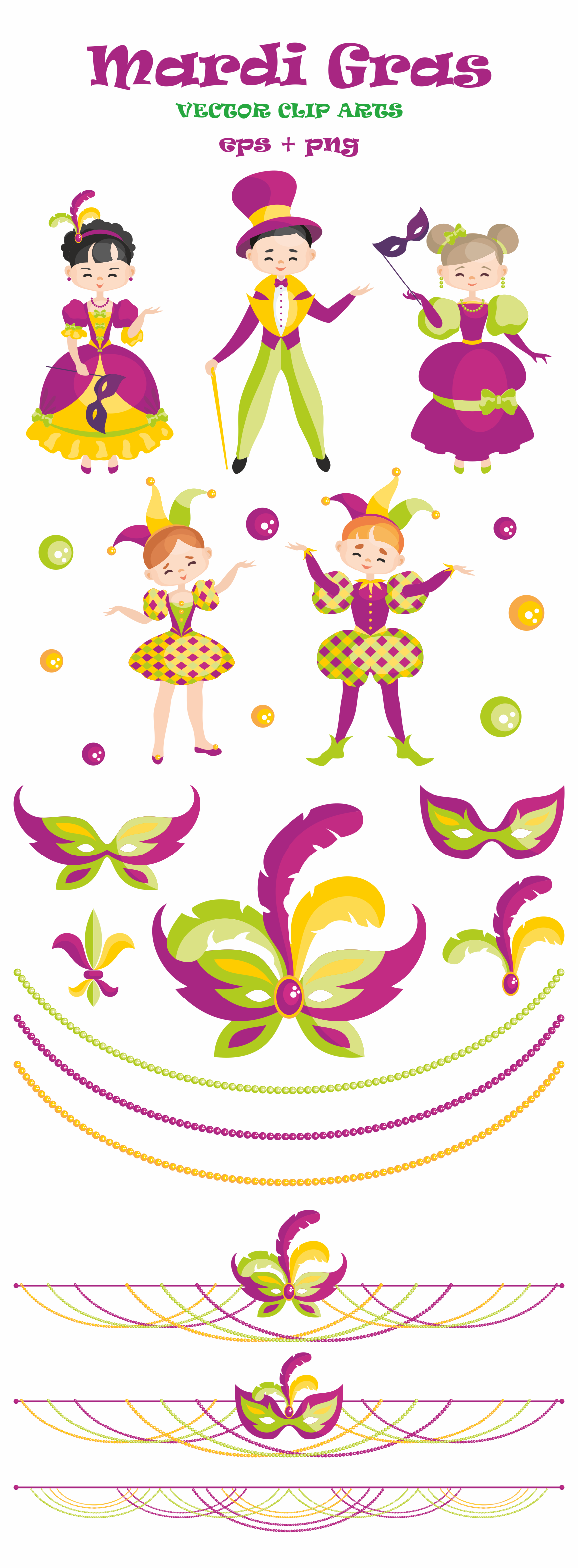 Mardi Gras mini set. Vector clip arts and seamless patterns.