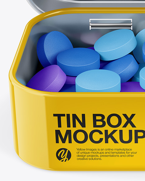 Opened Glossy Tin Box With Candies Mockup - Front View (High-Angle Shot)