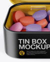 Opened Matte Tin Box With Candies Mockup - Front View (High-Angle Shot)