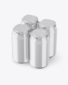 Pack with 4 Glossy Aluminium Cans with Plastic Holder Mockup - Half Side View (High-Angle Shot)