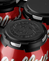 Pack with 4 Metallic Aluminium Cans with Plastic Holder Mockup - Half Side View (High-Angle Shot)