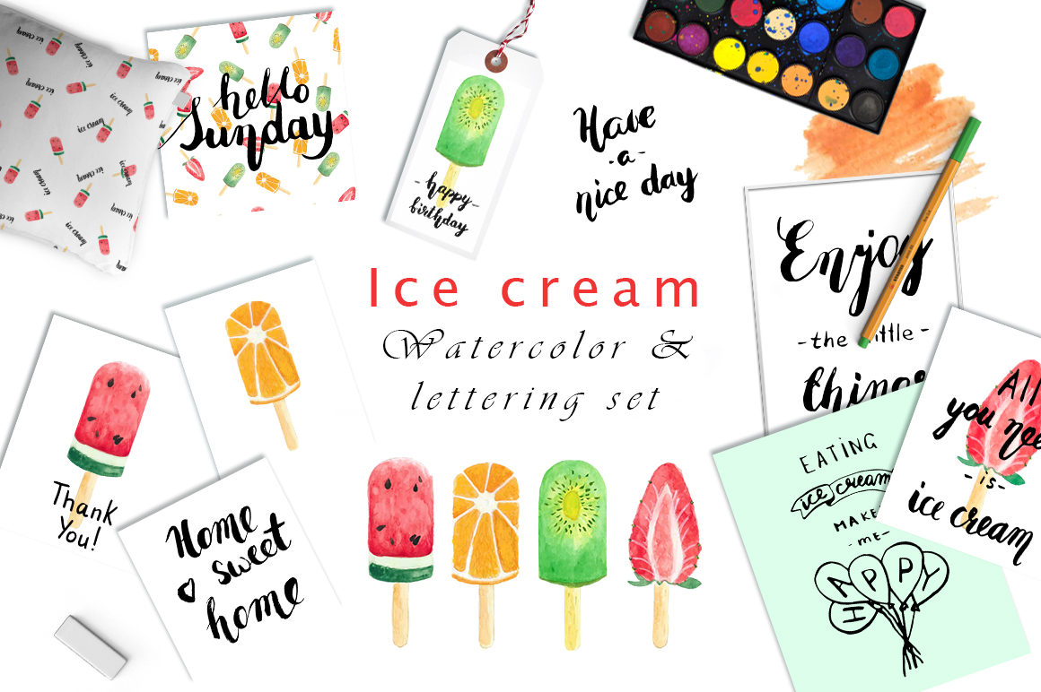 Ice cream - watercolor and lettering set Ice cream - watercolor and lettering set