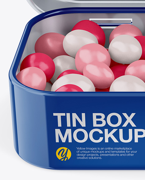 Opened Glossy Tin Box With Candies Mockup - Front View (High-Angle Shot)