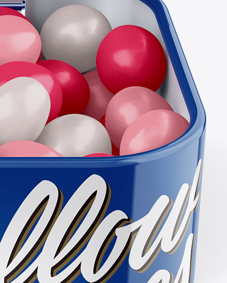 Opened Glossy Tin Box With Candies Mockup - Front View (High-Angle Shot)