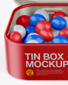 Opened Matte Tin Box With Candies Mockup - Front View (High-Angle Shot)