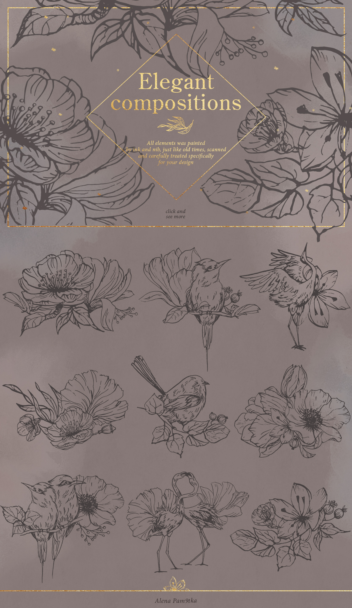 Birds outlines & floral patterns Birds outlines & floral patterns
