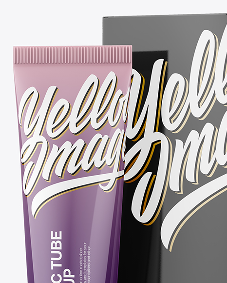 Glossy Plastic Tube With Glossy Box Mockup - Halfside View