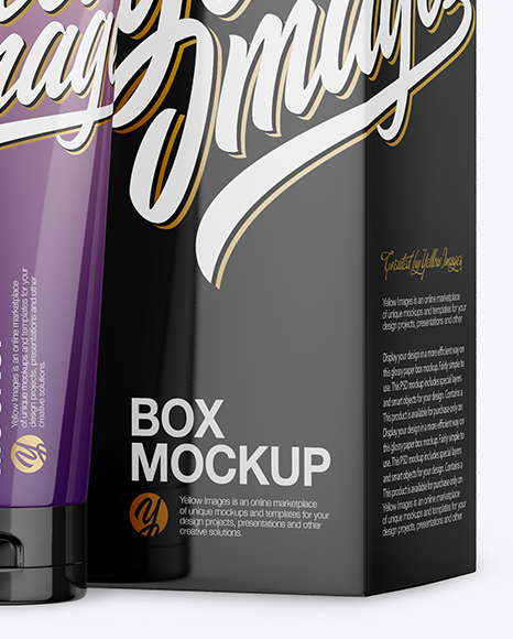 Glossy Plastic Tube With Glossy Box Mockup - Halfside View