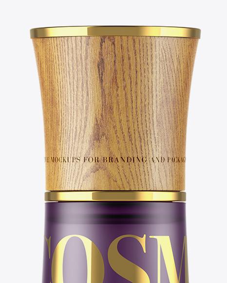 Frosted Glass Cosmetic Bottle W/ Wooden Cap Mockup