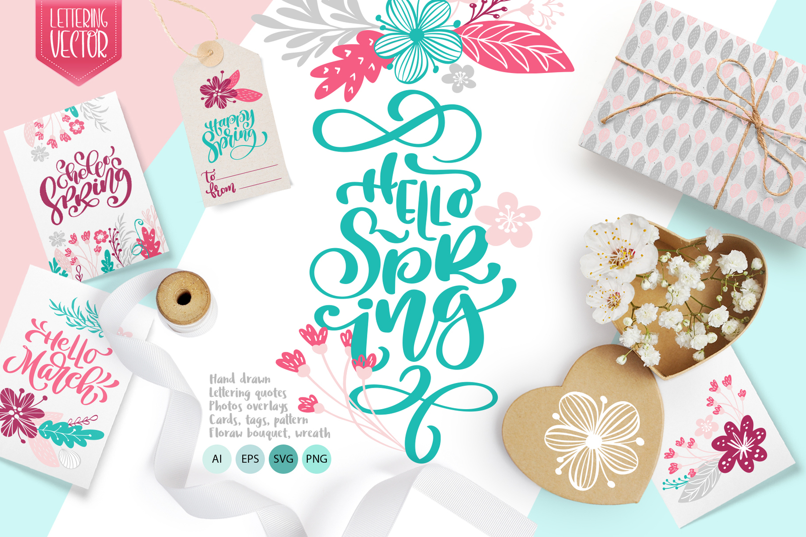 Spring vector lettering &amp; floral greeting card