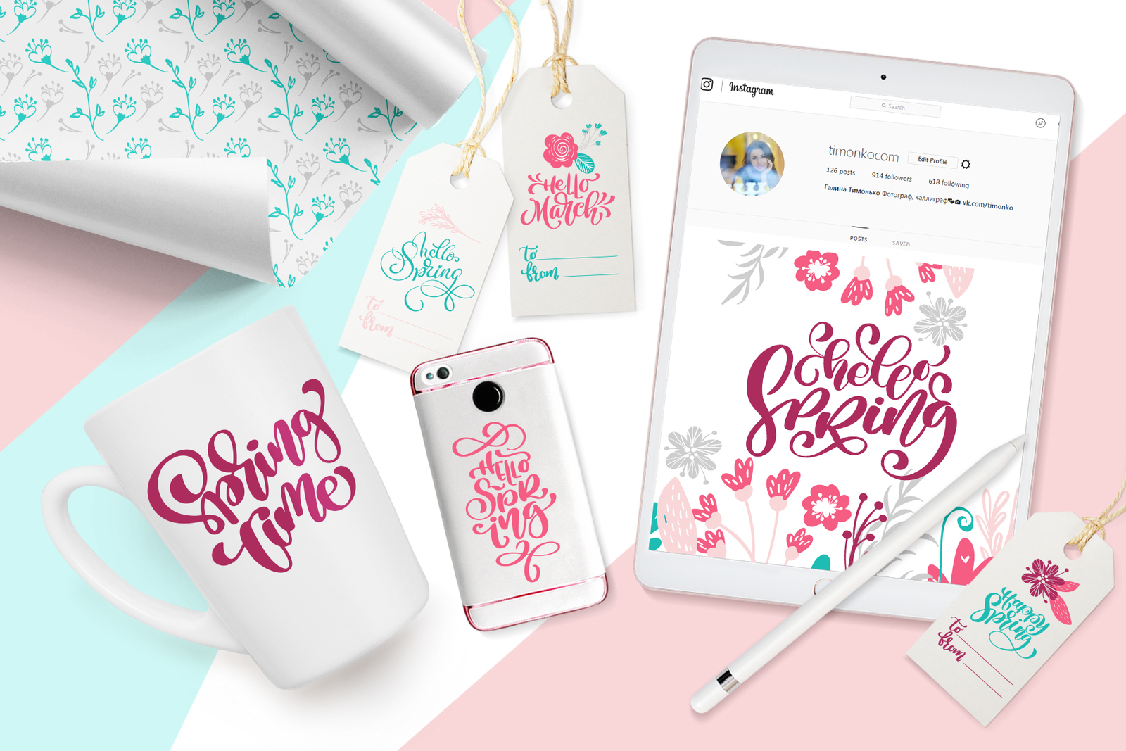 Spring vector lettering & floral greeting card Spring vector lettering & floral greeting card