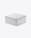 Glossy Square Tin Box Mockup - Half Side View (High-Angle Shot)