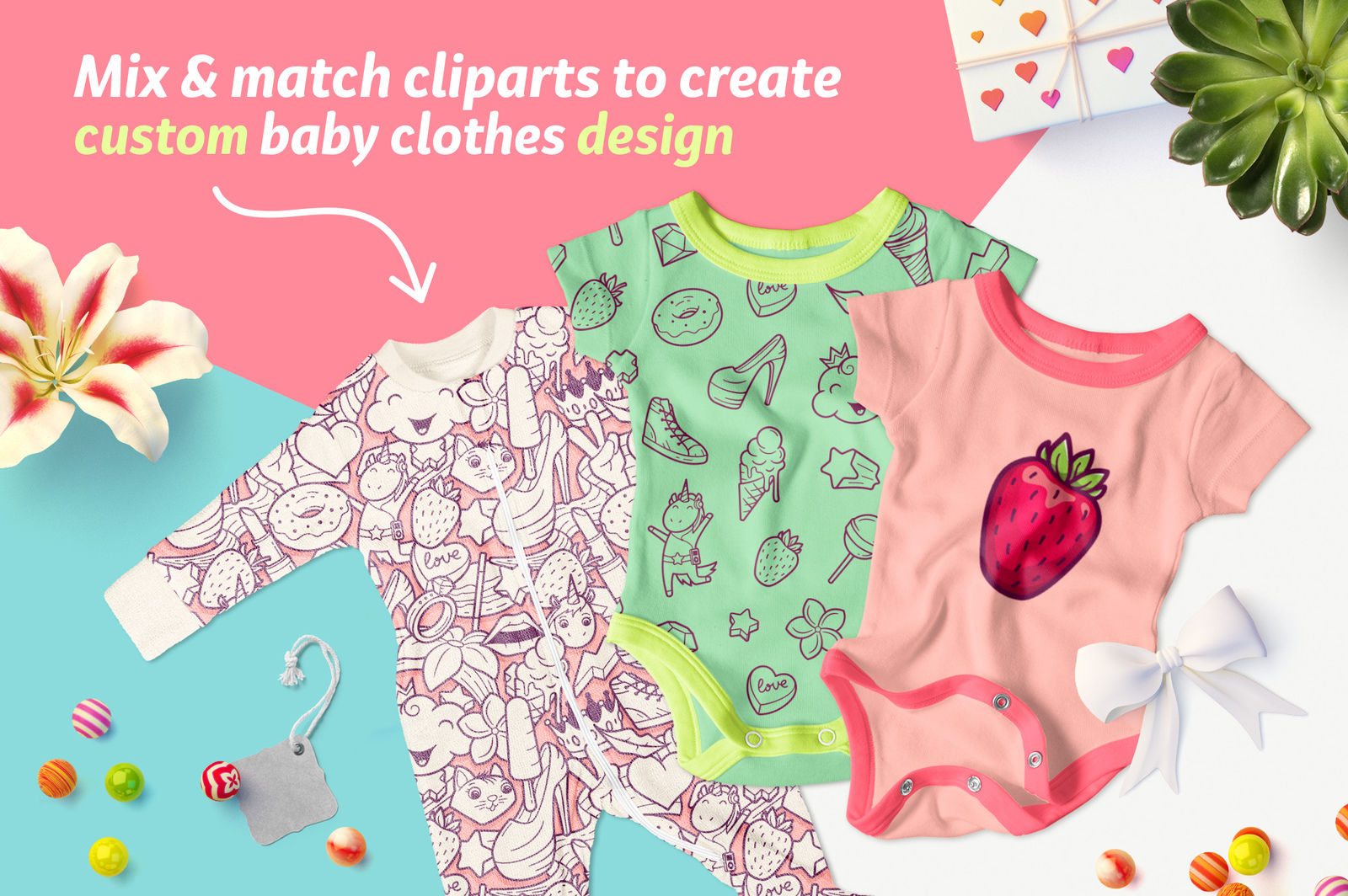 Girls Power. Clipart and pattern set Girls Power. Clipart and pattern set