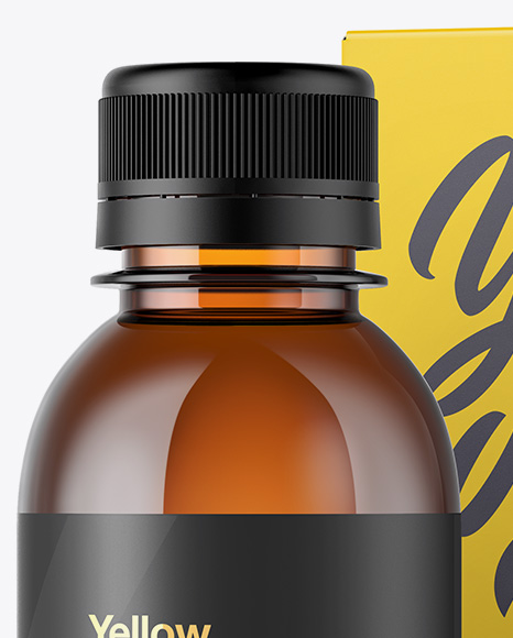 Amber Plastic Bottle W/ Paper Box Mockup