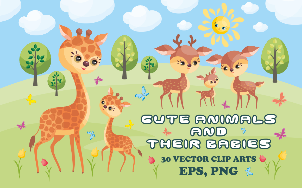 Cute animals and their babies. Vector clip arts. Cute animals and their babies. Vector clip arts.