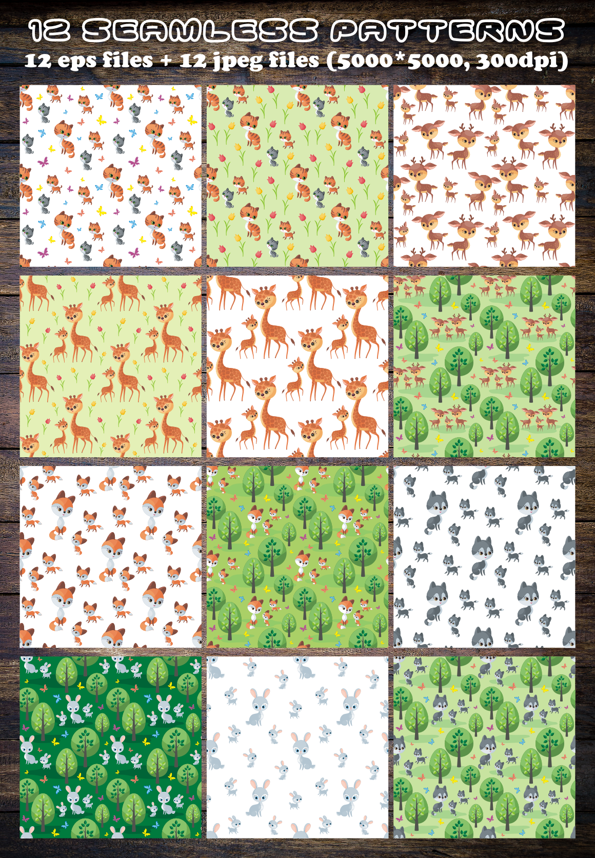 Cute animals and their babies. Seamless patterns.