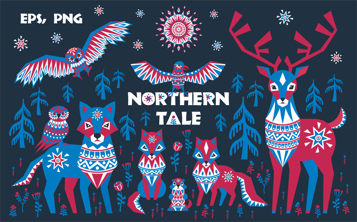 Northern tale. Arctic animals in Tribal style. Northern tale. Arctic animals in Tribal style.