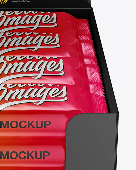 16 Snack Bars Glossy Display Box Mockup - Front View (High-Angle Shot)