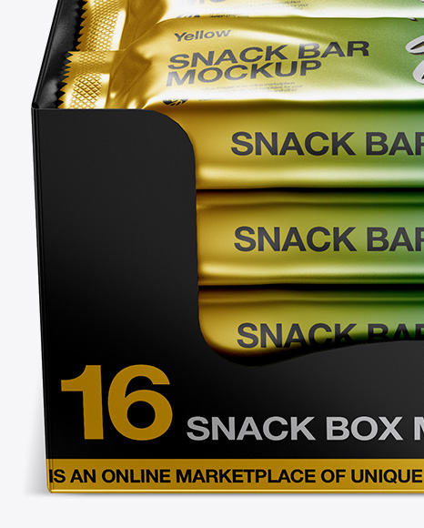 16 Snack Bars Metallic Display Box Mockup - Front View (High-Angle Shot)